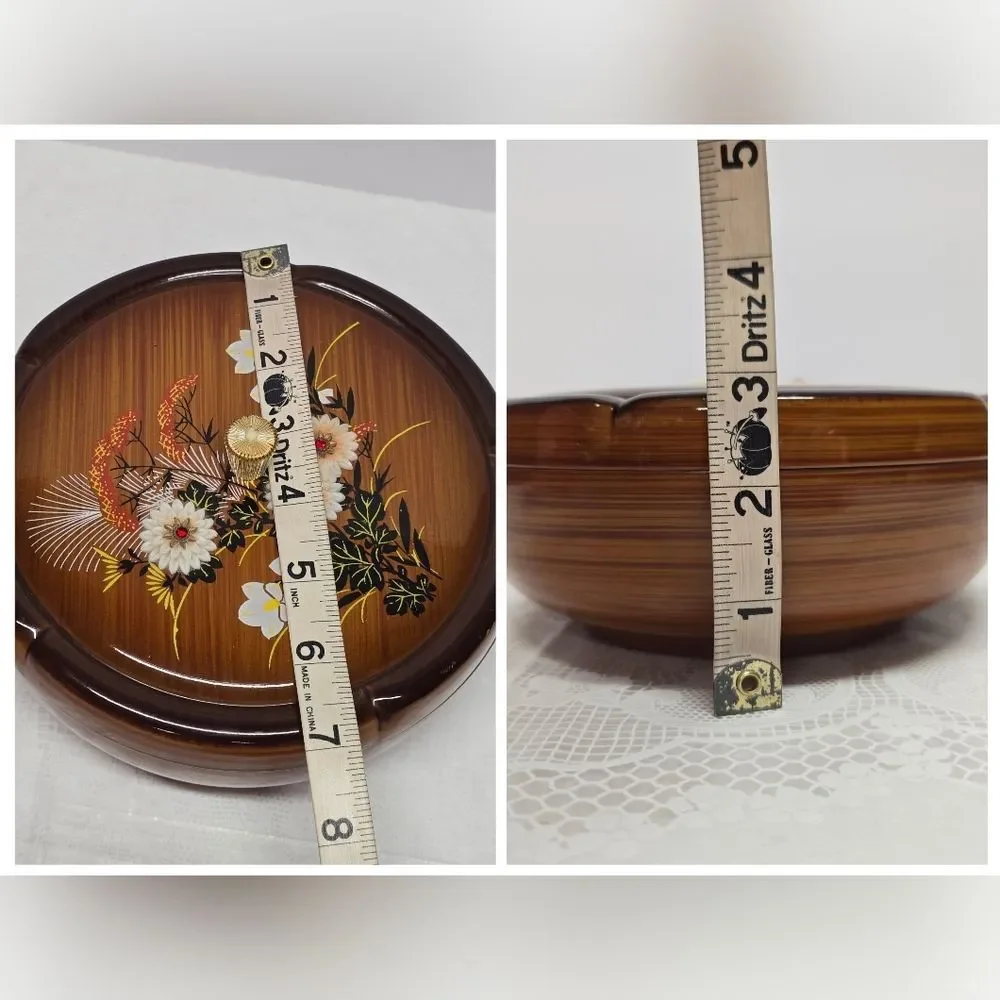 Westland Vintage Japanese Floral Lacquer Rhinestone Round Box Amber Brown